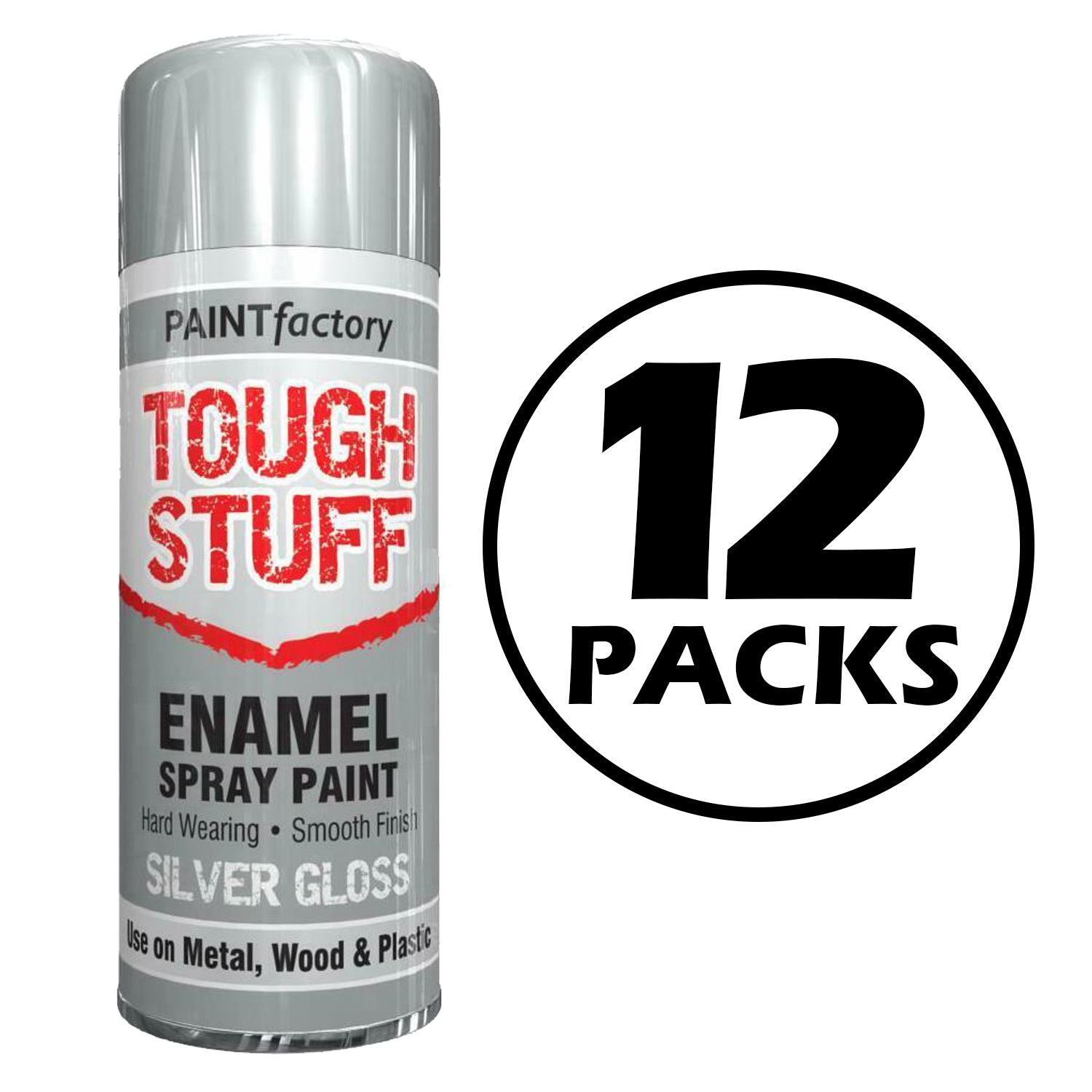 12X Paint Factory Tough Stuff Enamel Silver Gloss 400ml Spray Paint