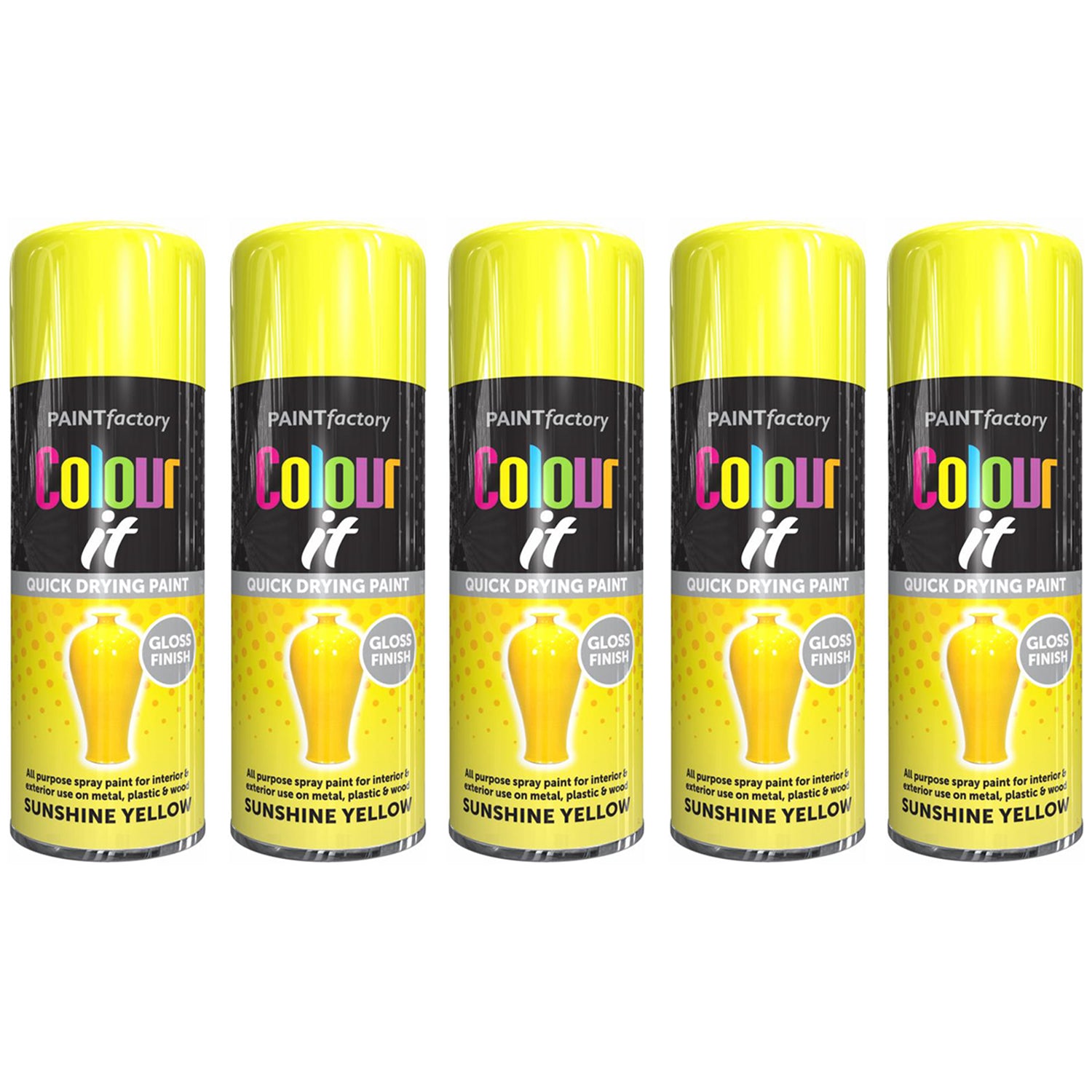5X Paint Factory Sunshine Yellow Gloss Spray Paint 250ml Spray Paint