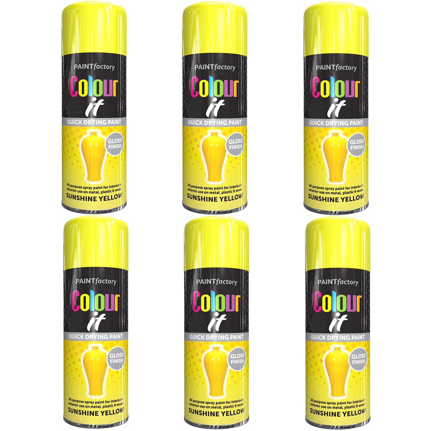 6X Paint Factory Sunshine Yellow Gloss Spray Paint 250ml Spray Paint