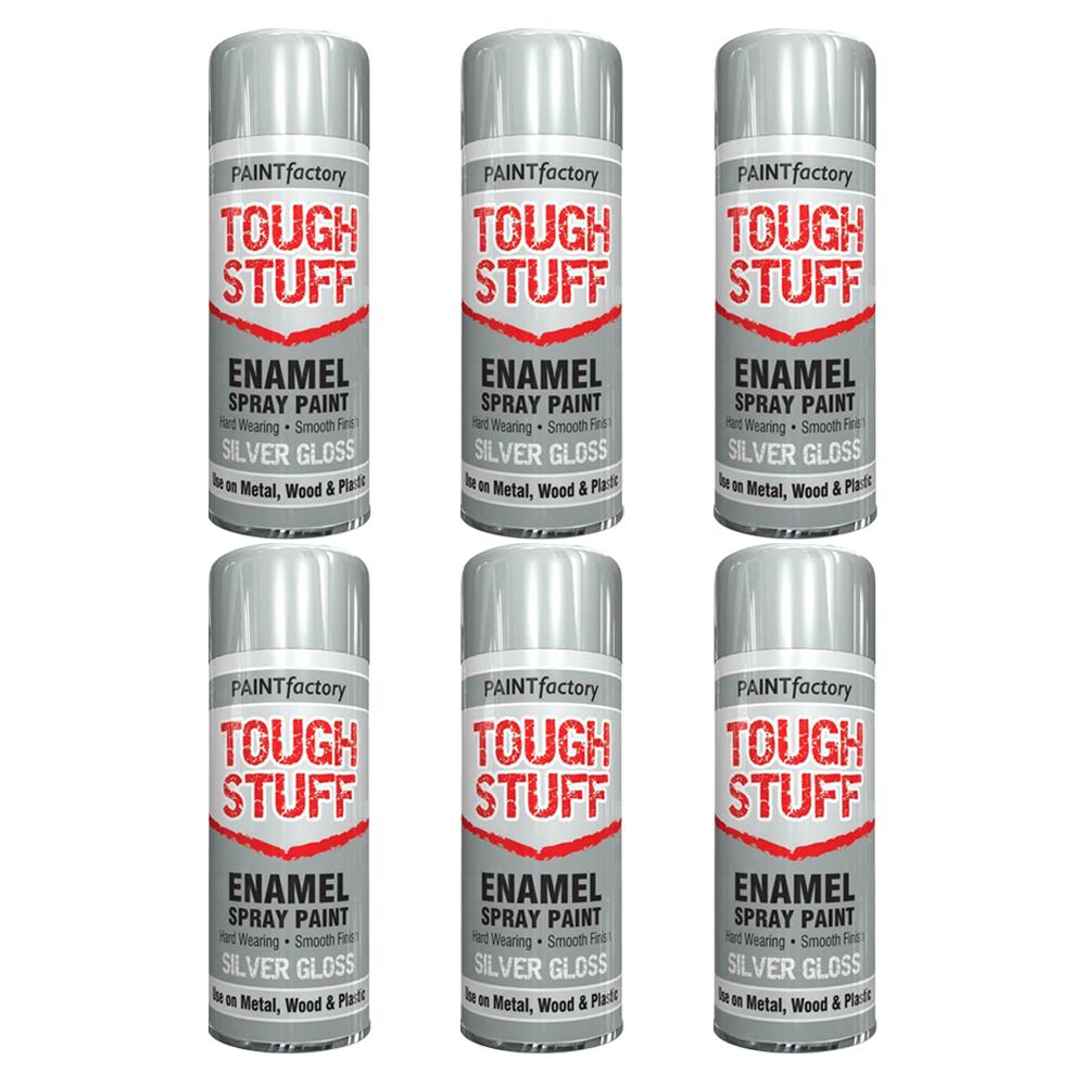 6X Paint Factory Tough Stuff Enamel Silver Gloss 400ml Spray Paint