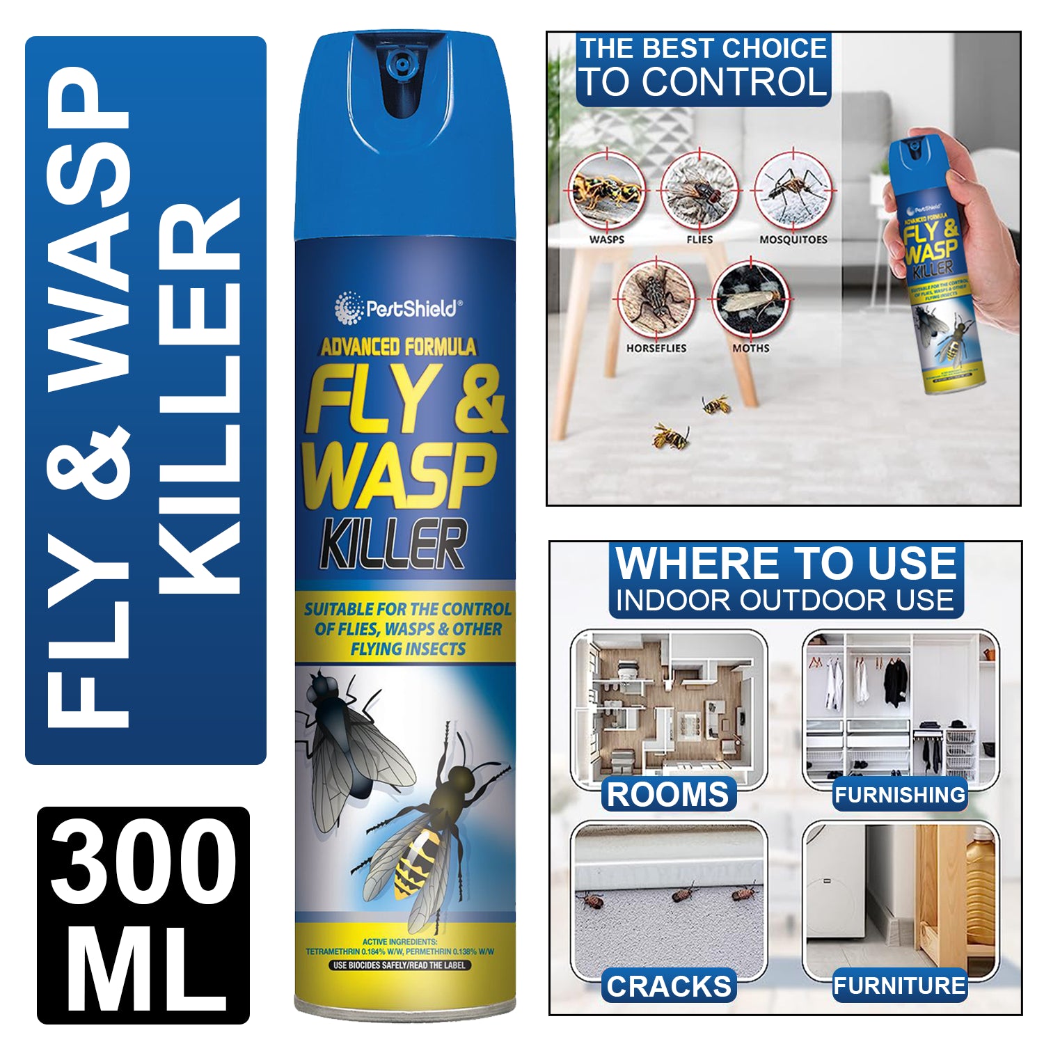 PestShield Fly & Wasp Killer Spray 300ml for effective control of flying insects indoors and outdoors