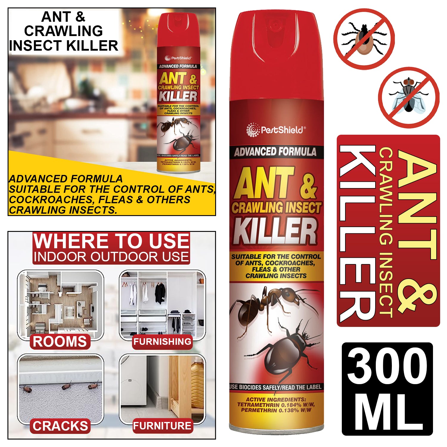 PestShield Ant and Crawling Insect Killer Spray for effective pest control indoors and outdoors, 300 ml