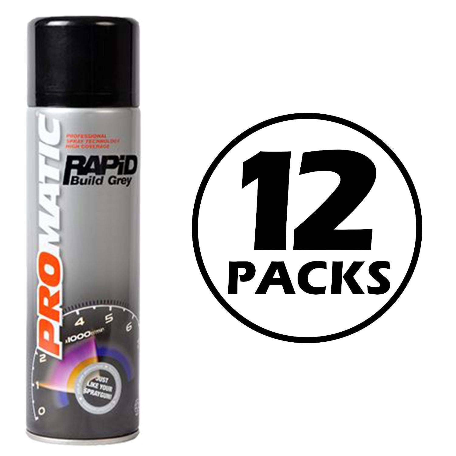 12X Promatic Rapid Build Grey Primer Spray 500ml Spray Paint
