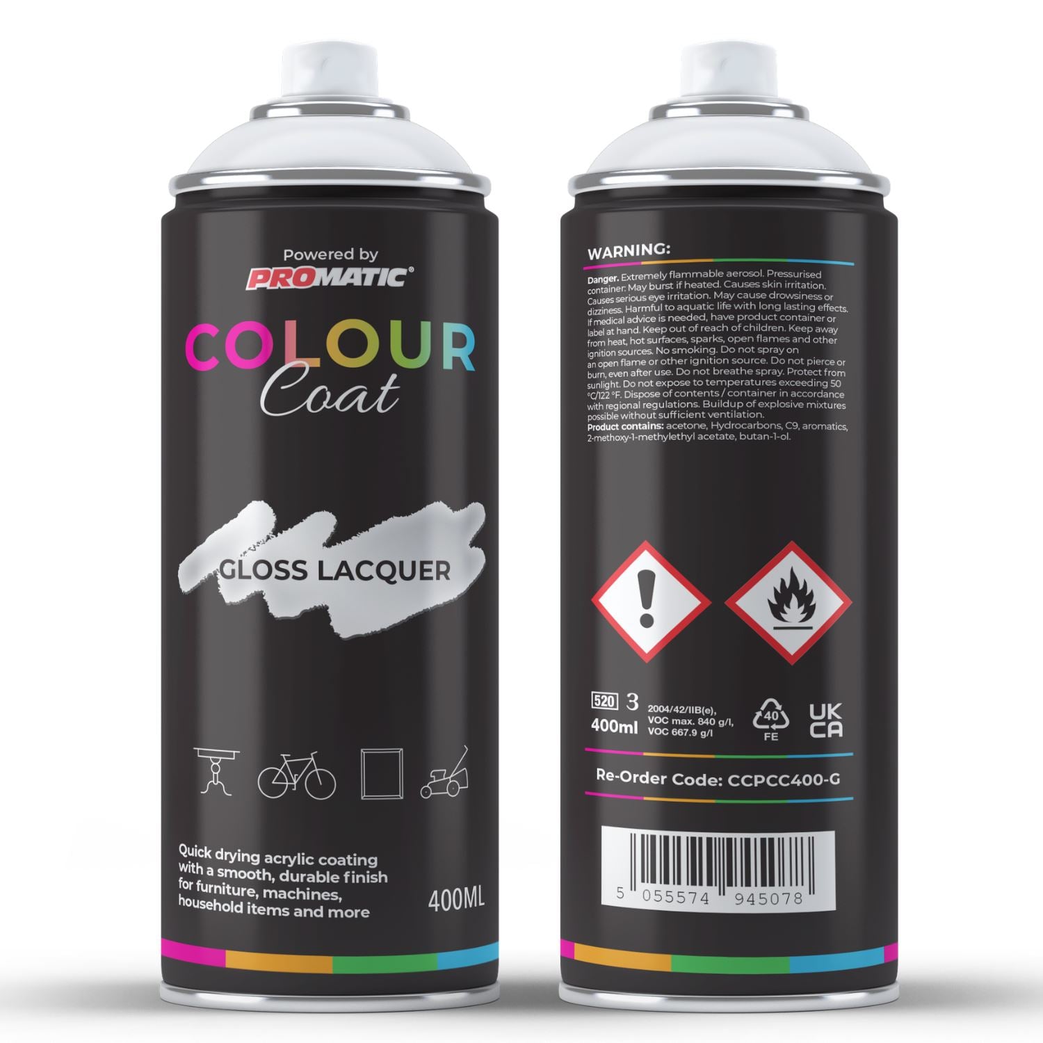 Colour Coat Gloss Lacquer Spray Paint 400ml for use with spray gun and durable finishes on various surfaces