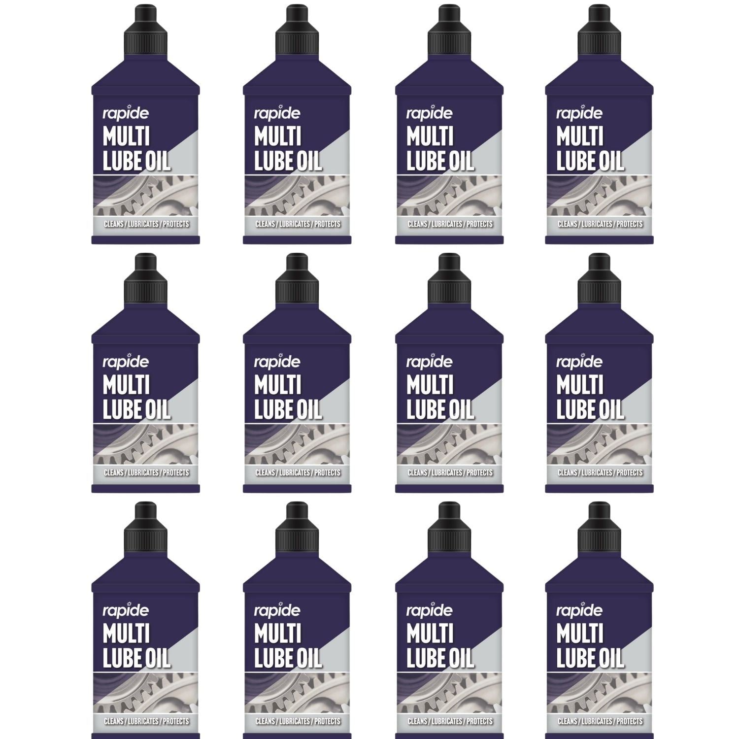 Rapide Multi Lube Oil bottles arranged neatly, ideal lubricant for versatile applications