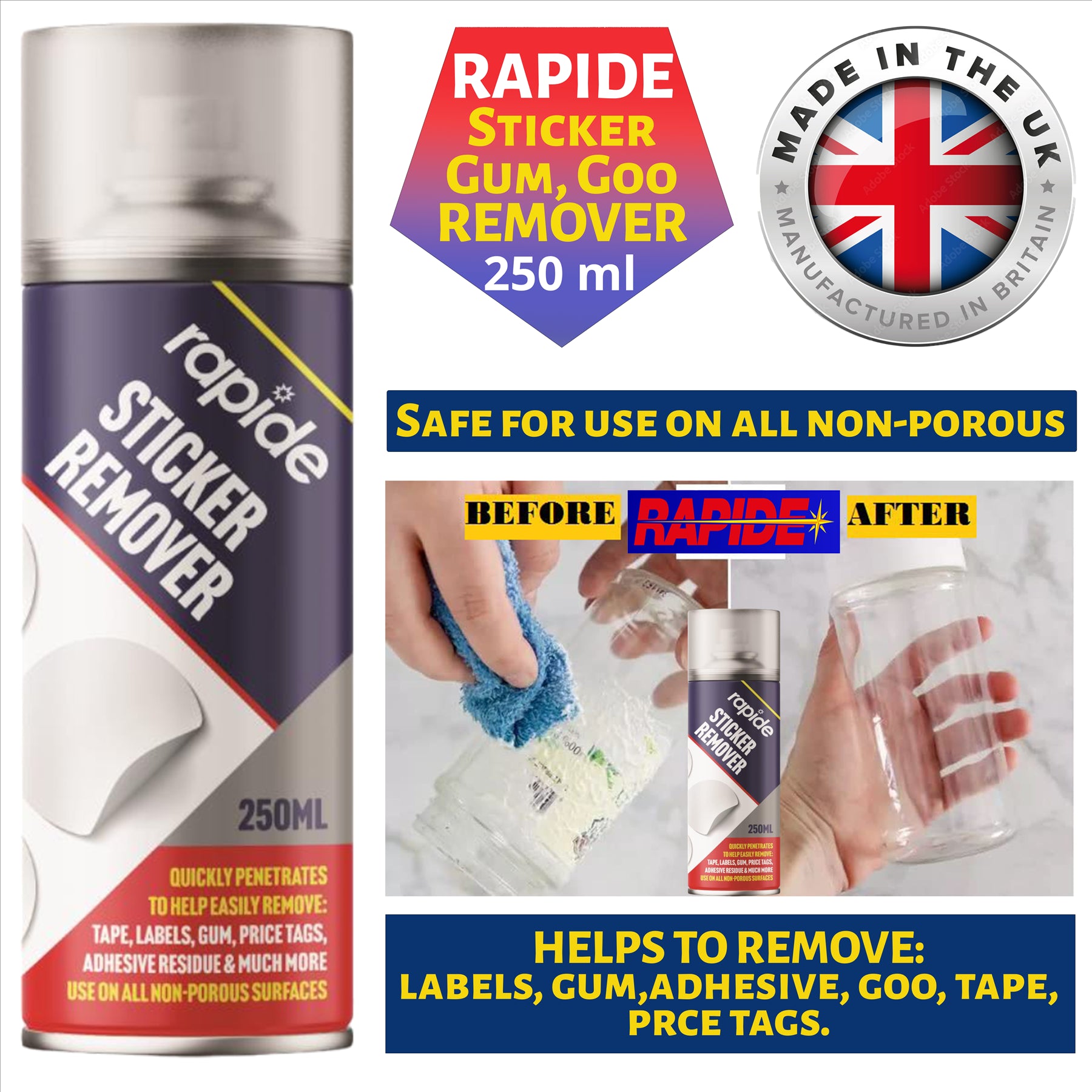 Rapide sticker remover spray 250ml for easy removal of labels, gum, and adhesive from non-porous surfaces