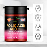 Red Label Health Folic Acid 400mcg Tablets in a 365-count bottle for maternal tissue growth and normal blood health