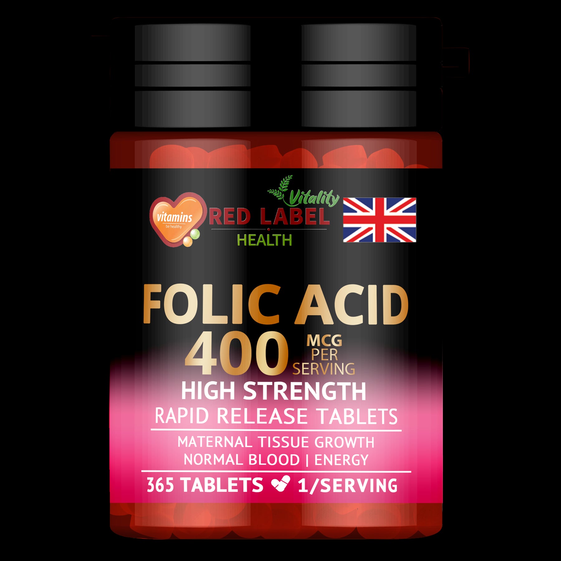 Red Label Health Folic Acid 400mcg Tablets for normal tissue growth and energy, 365 tablets in a bottle