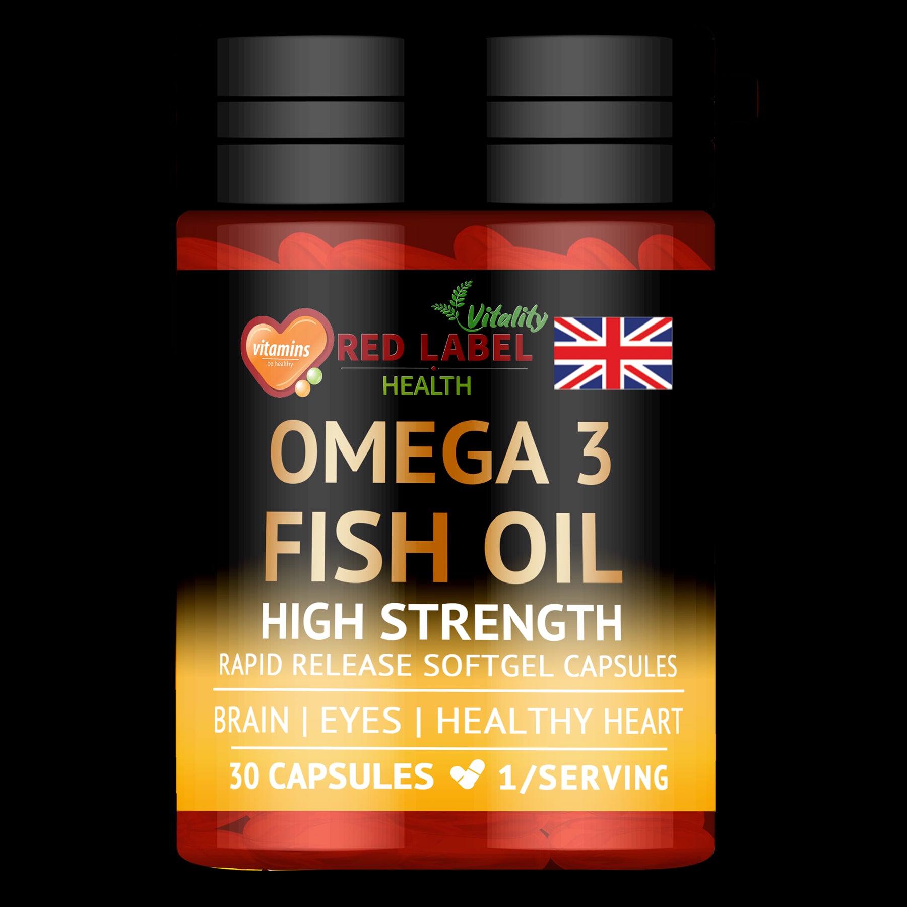 Red Label Health Omega 3 Fish Oil Capsules 1000mg in a 30 capsule bottle for brain and heart health