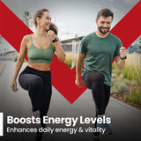 Red Label Health vitamin B12 1000mcg tablets promoting energy levels while people jog outdoors