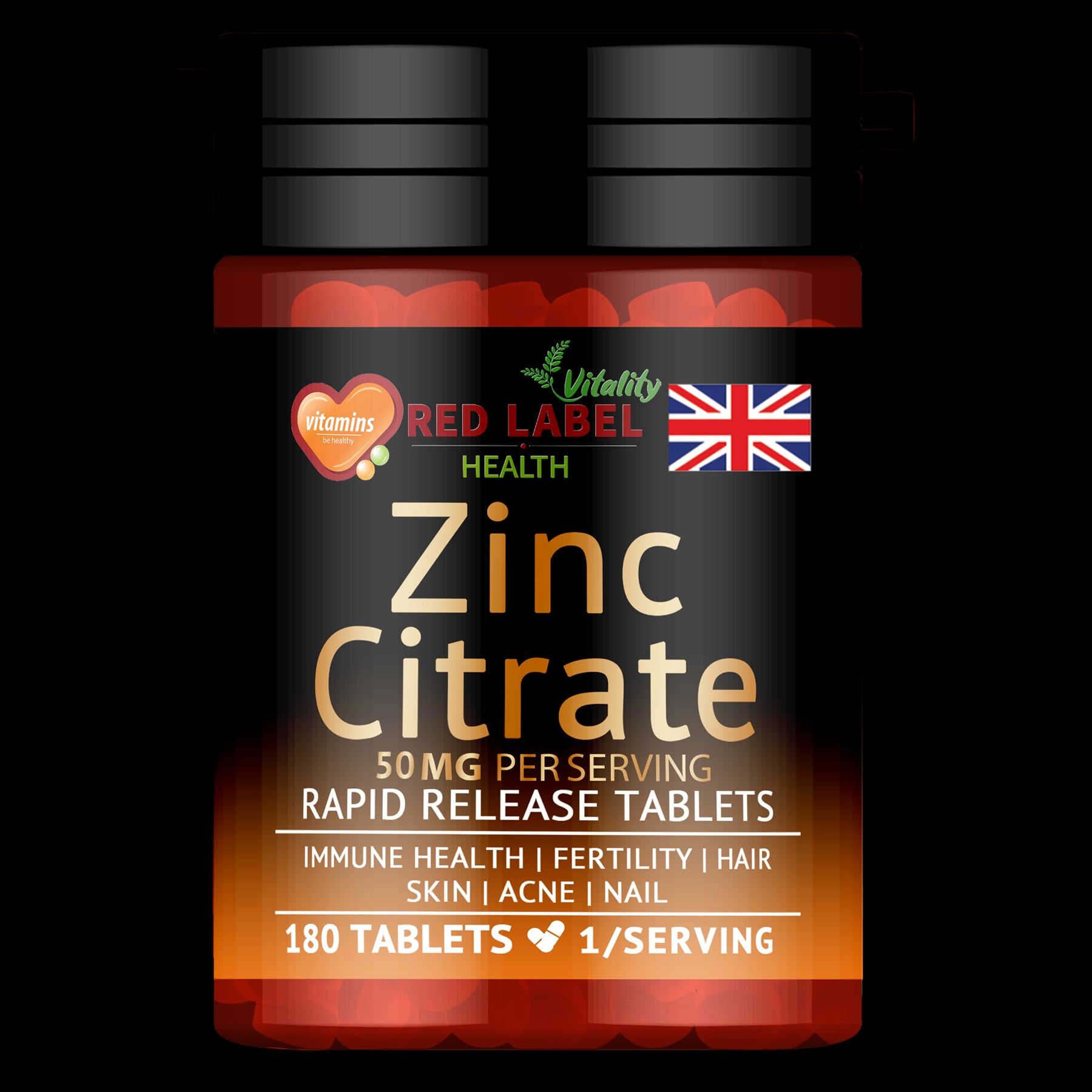 Red Label Health Zinc Citrate 50mg tablets in a 180-tablet bottle for immune support and skin health