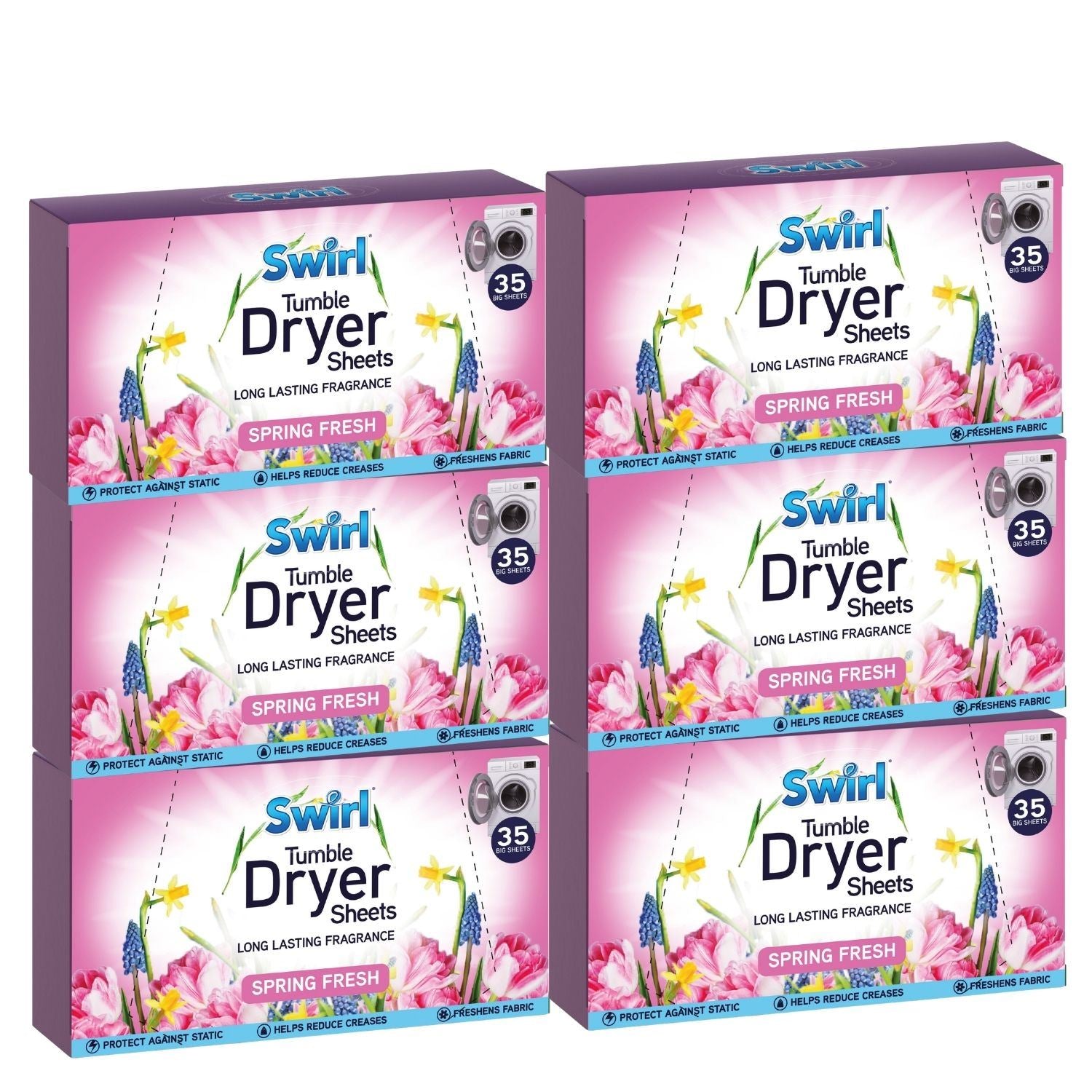 Swirl Tumble Dryer Sheets with Spring Fresh fragrance and laundry care labels symbols for effective use