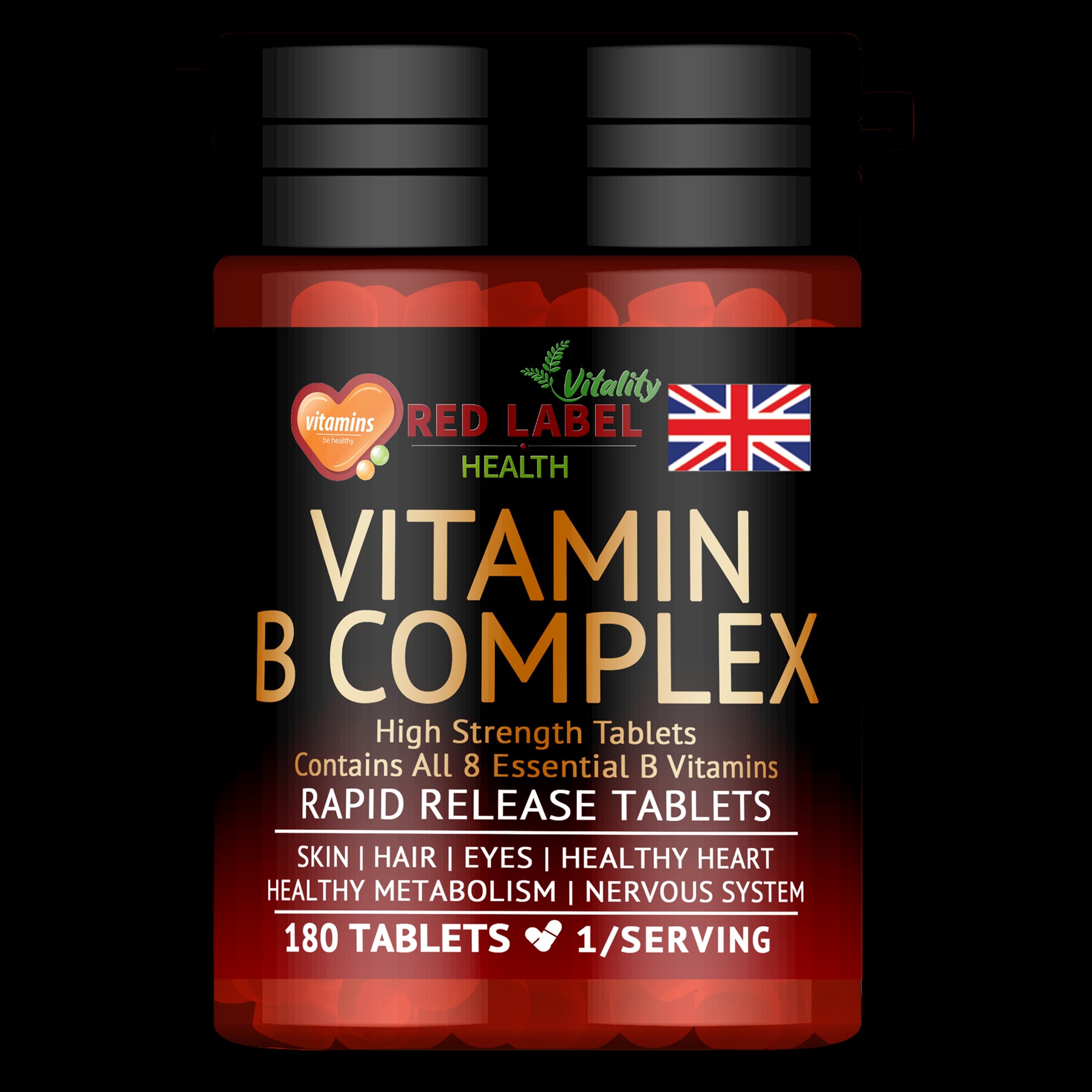Red Label Health Vitamin B Complex Tablets UK with 180 rapid release tablets for healthy skin and metabolism