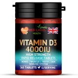 Red Label Health Vitamin D3 4000IU tablets, high strength for bones, muscle, teeth and skin health