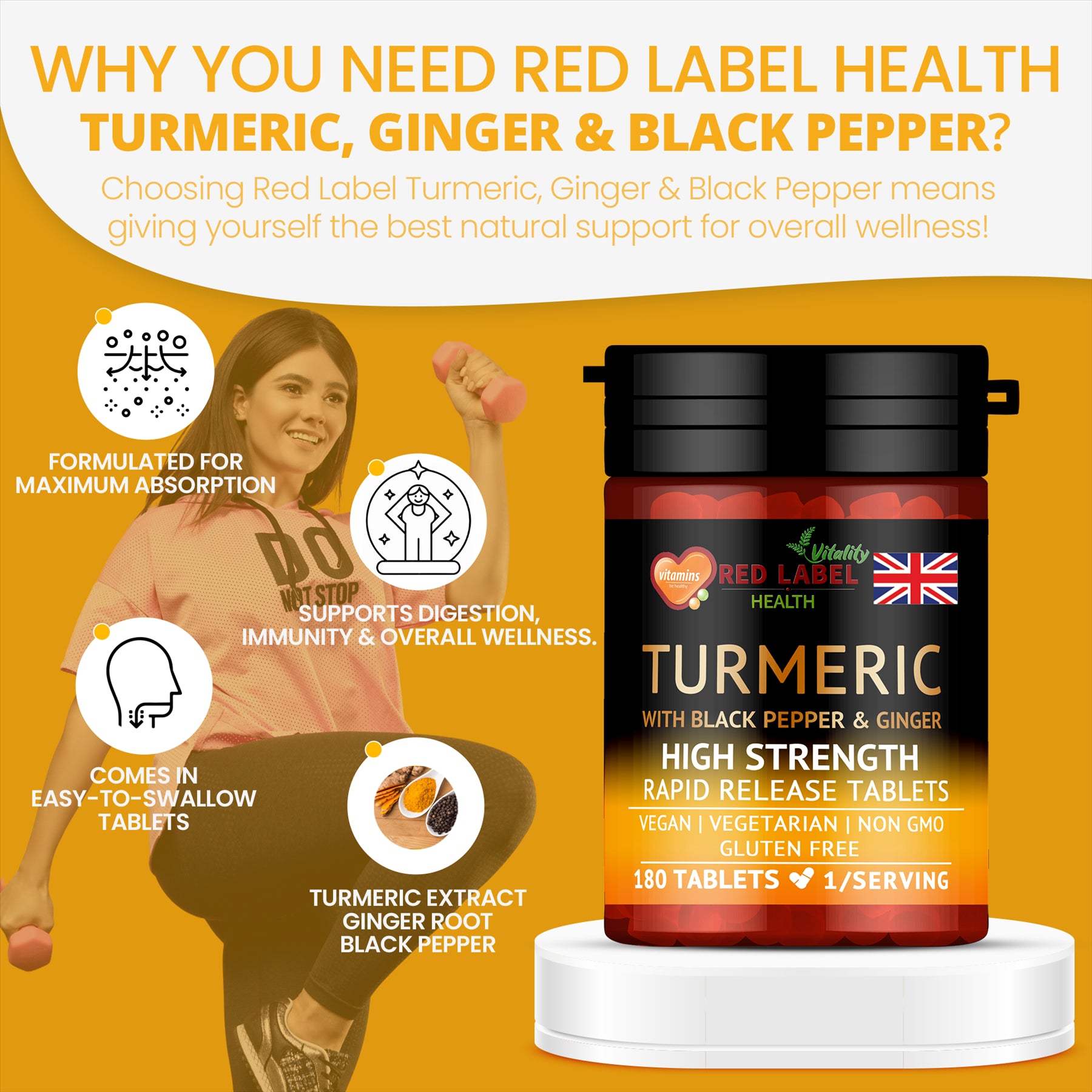 Turmeric with Black Pepper & Ginger 180 Tablets - 2620mg Turmeric