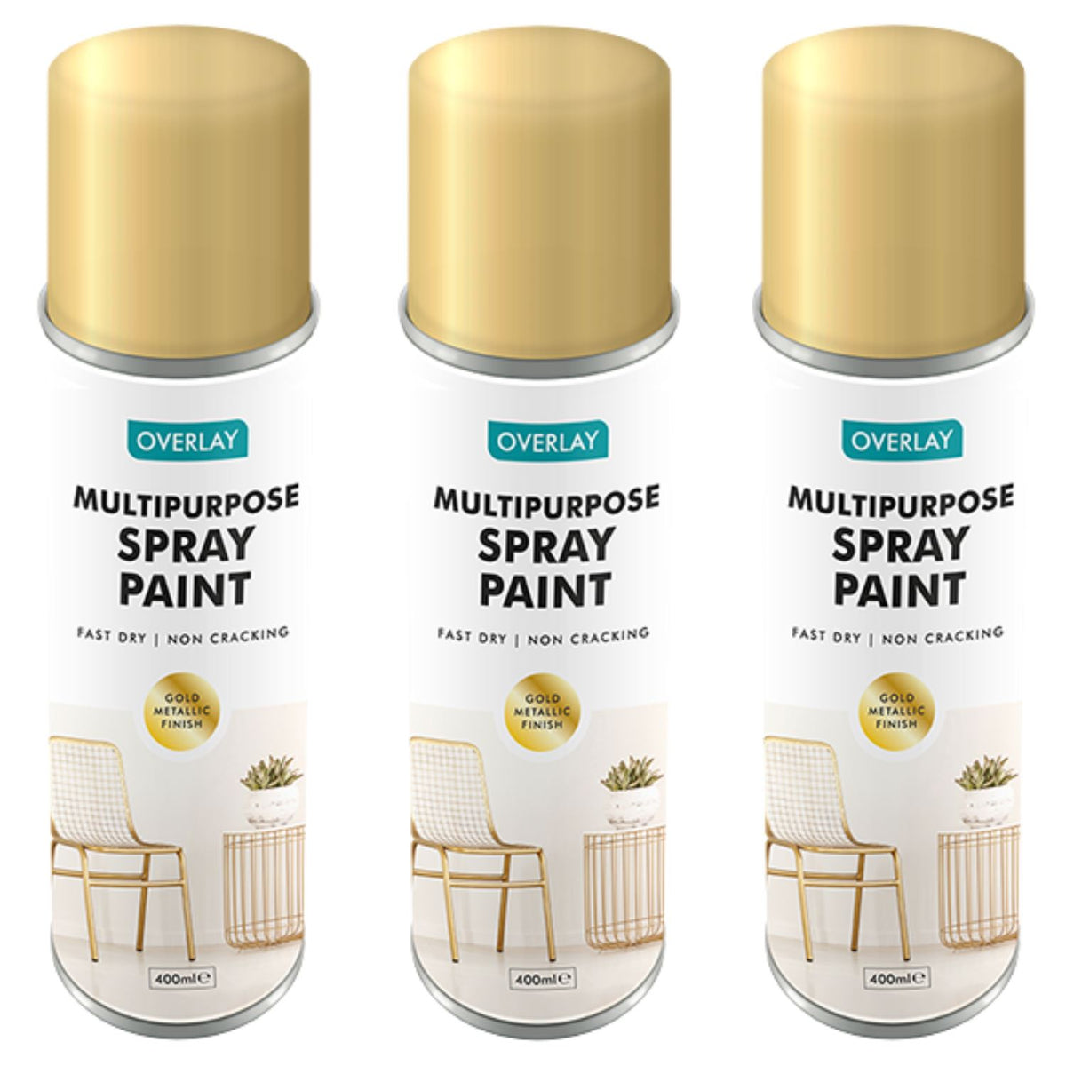 3X Overlay Gold Metallic 400ml Professional Spray Paint