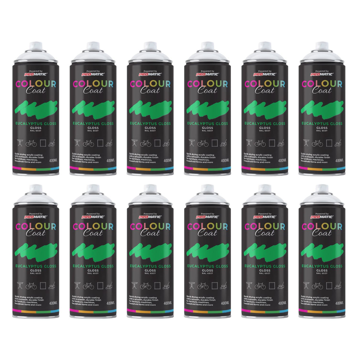12X Eucalyptus RAL 6037 Gloss Spray Paint 400ml