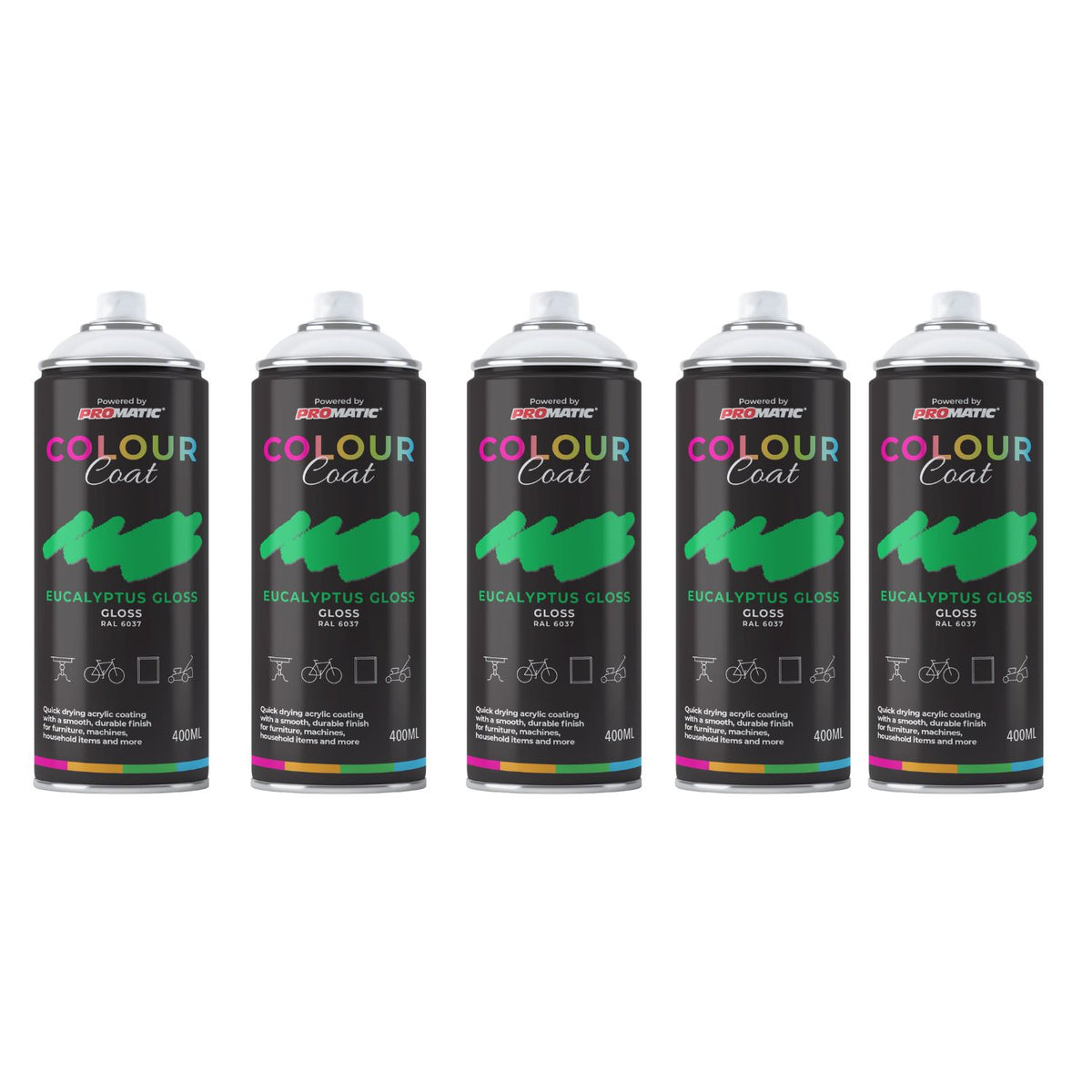 5X Eucalyptus RAL 6037 Gloss Spray Paint 400ml