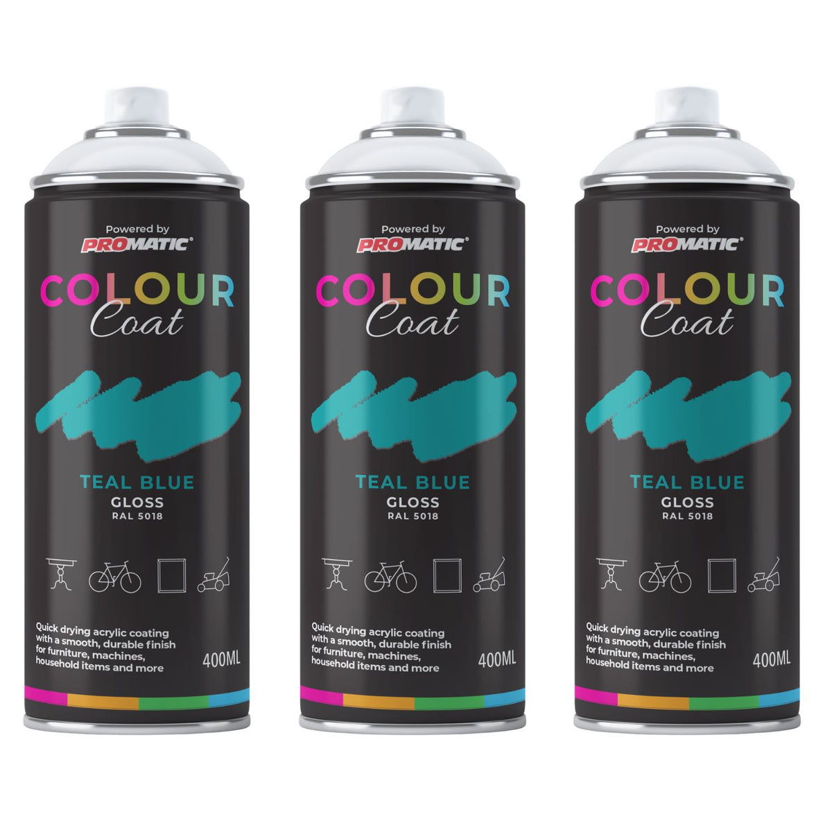 3X Teal Blue RAL 5018 Gloss Spray Paint 400ml