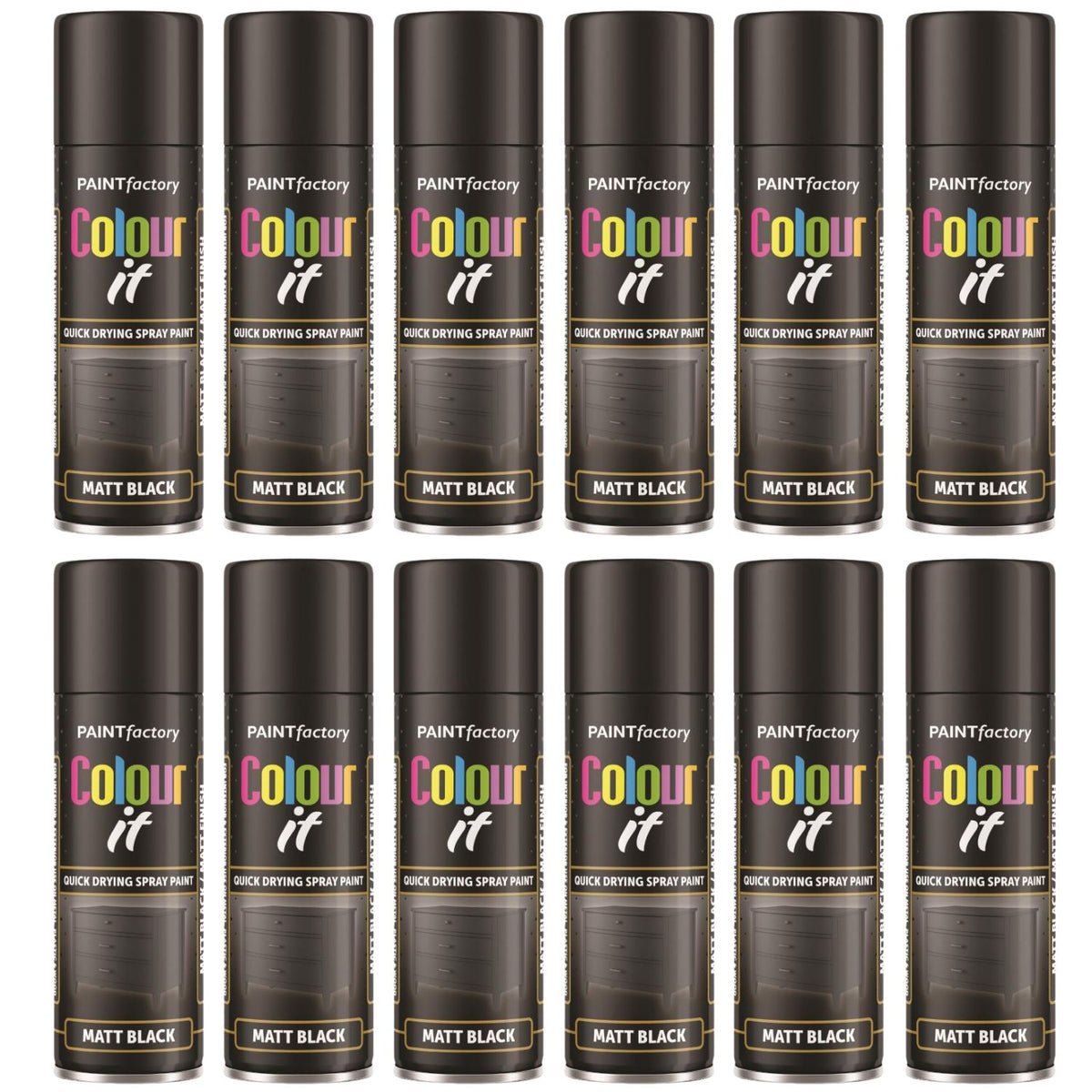12X Paint Factory Black Matt Spray Paint 250ml