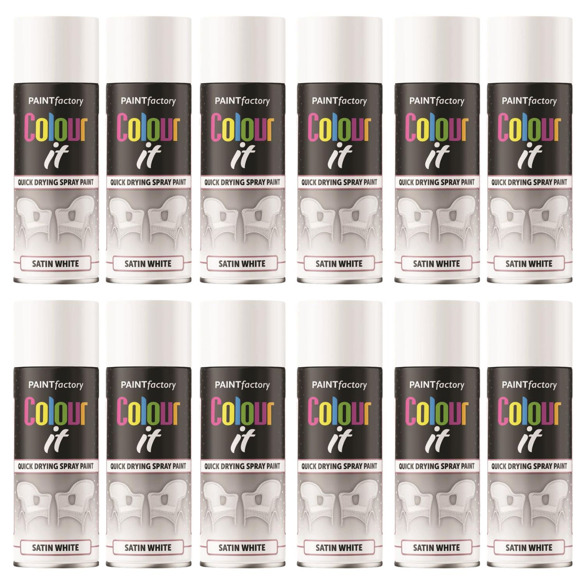 12X Paint Factory White Satin Spray Paint 400ml