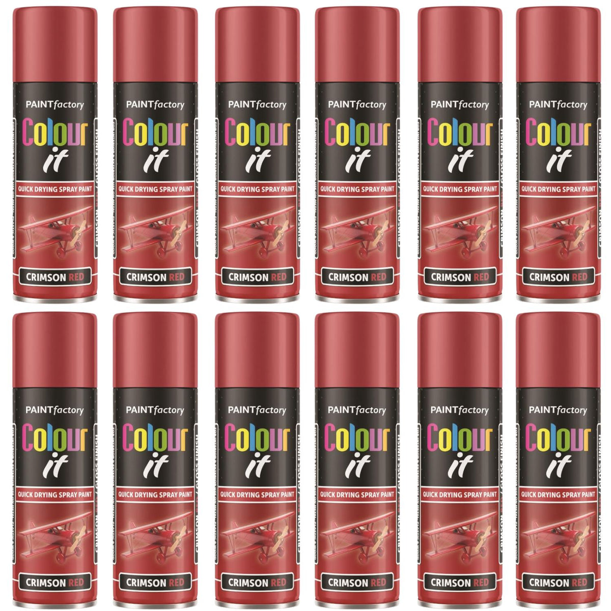 12X Paint Factory Crimson Red Gloss Spray Paint 250ml