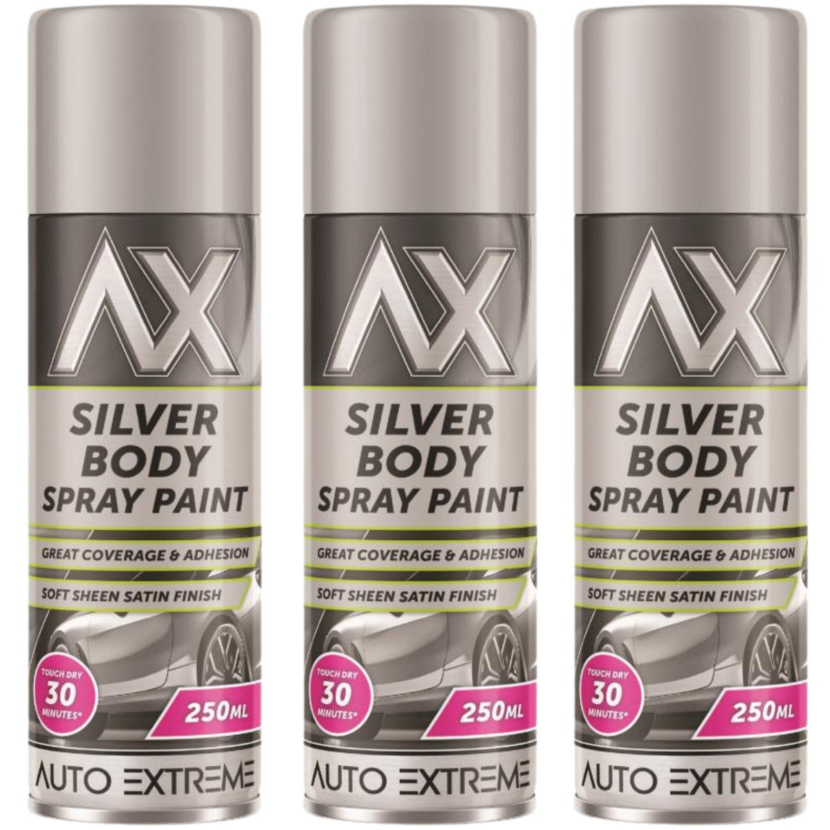 3X Auto Extreme Paint Silver Spray Paint 250ml
