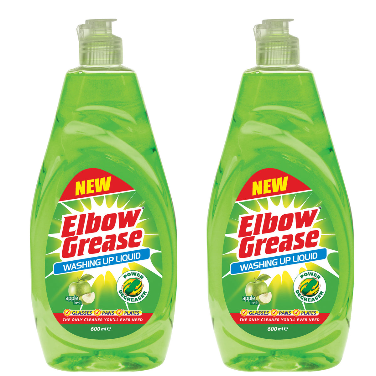 2X Elbow Grease Washing Up Liquid, Apple Fresh 600ml Power Degreaser