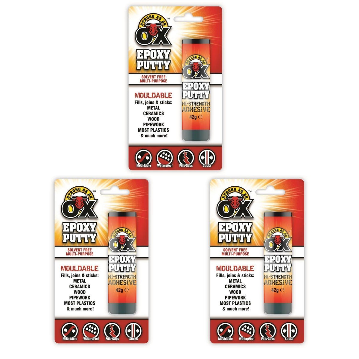 3X - STRONG AS AN OX Durable Epoxy Putty Metal Plastic Filler 42G