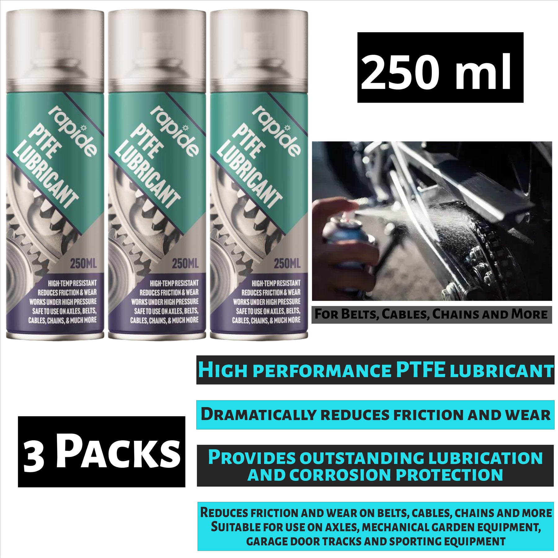3X Rapide PTFE Lubricant Spray 250ml Spray Paint