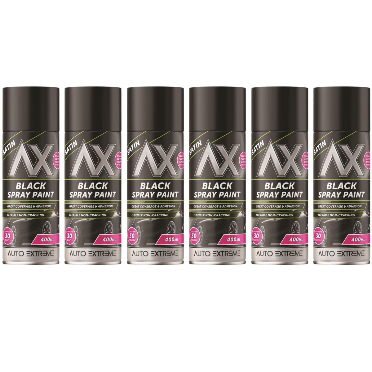 6X Auto Extreme Pro Satin Black Spray Paint 400ml