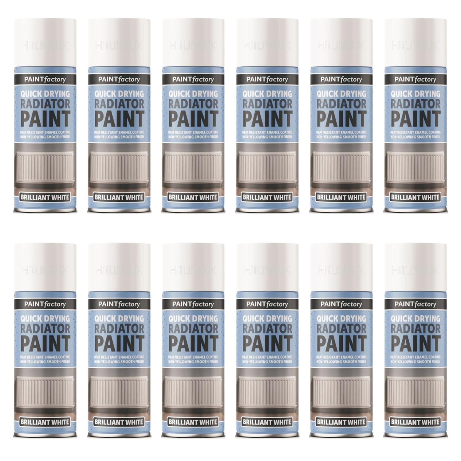 Multiple bottles of Paint Factory quick drying radiator paint in brilliant white.