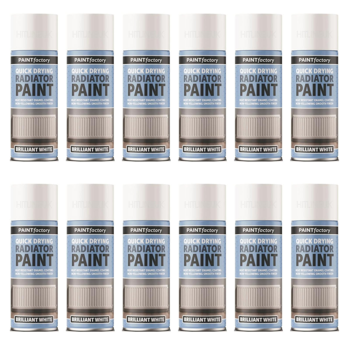 Multiple bottles of Paint Factory quick drying radiator paint in brilliant white.
