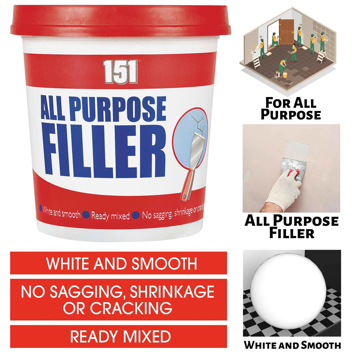 151 all purpose filler white tub for easy application and smooth finish, ready mixed formula