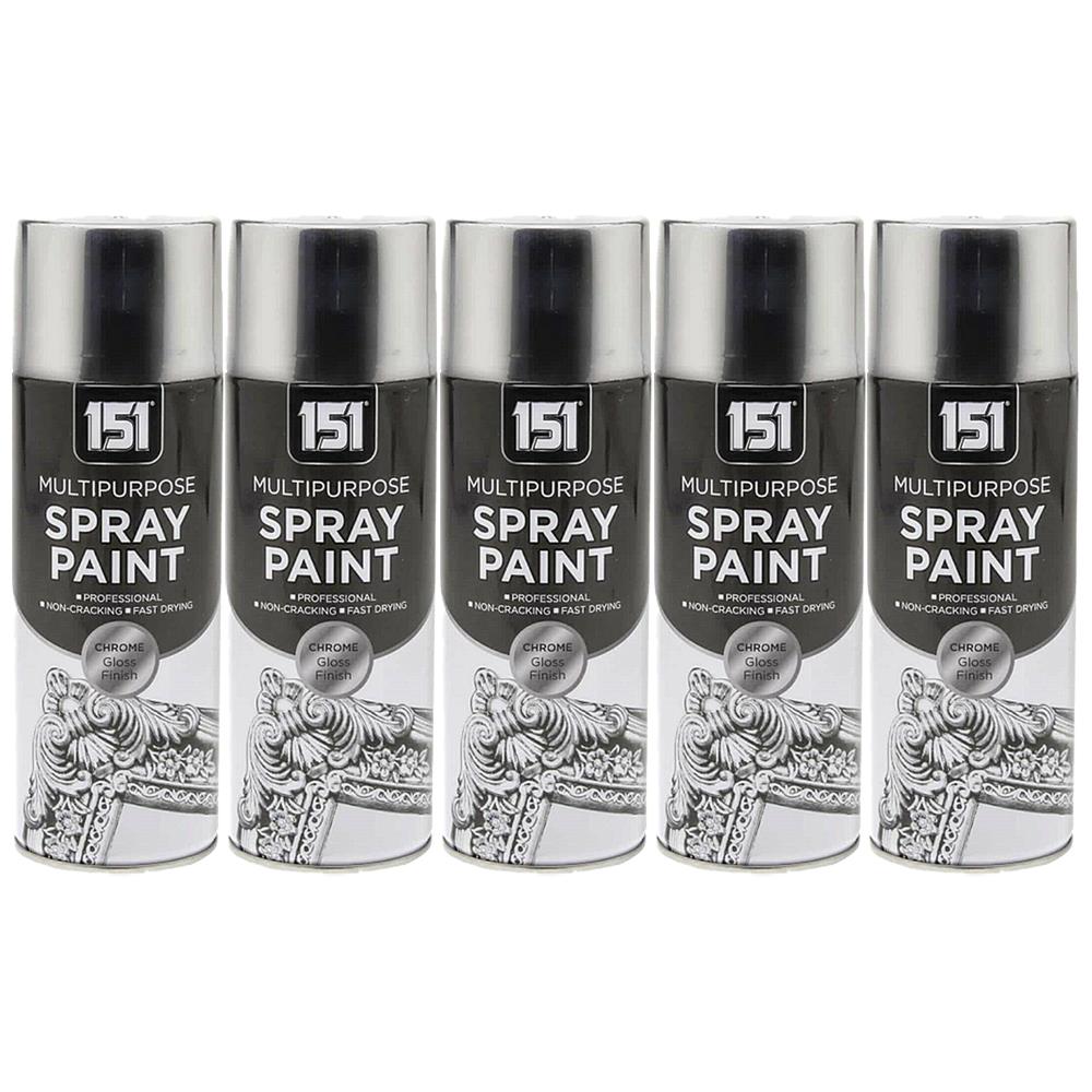 Five cans of 151 multipurpose auto chrome spray paint with chrome gloss finish for professional use