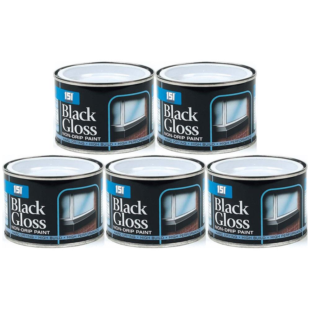 151 tin paint non-drip black gloss paint 180ml cans arranged in two rows with black and blue labels