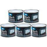 151 tin paint non-drip black gloss paint 180ml cans arranged in two rows with black and blue labels