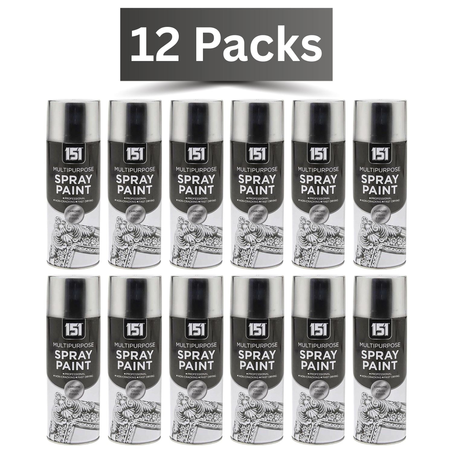 12 Pack of 151 Chrome Spray Paint 400ml Cans for Multipurpose Use and Creative Projects