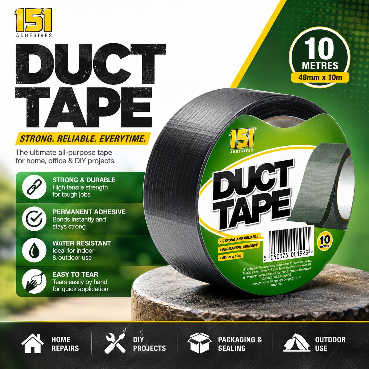 151 Duct Tape 10m in Black for Home Repairs, DIY Projects and Packaging with Strong Adhesion