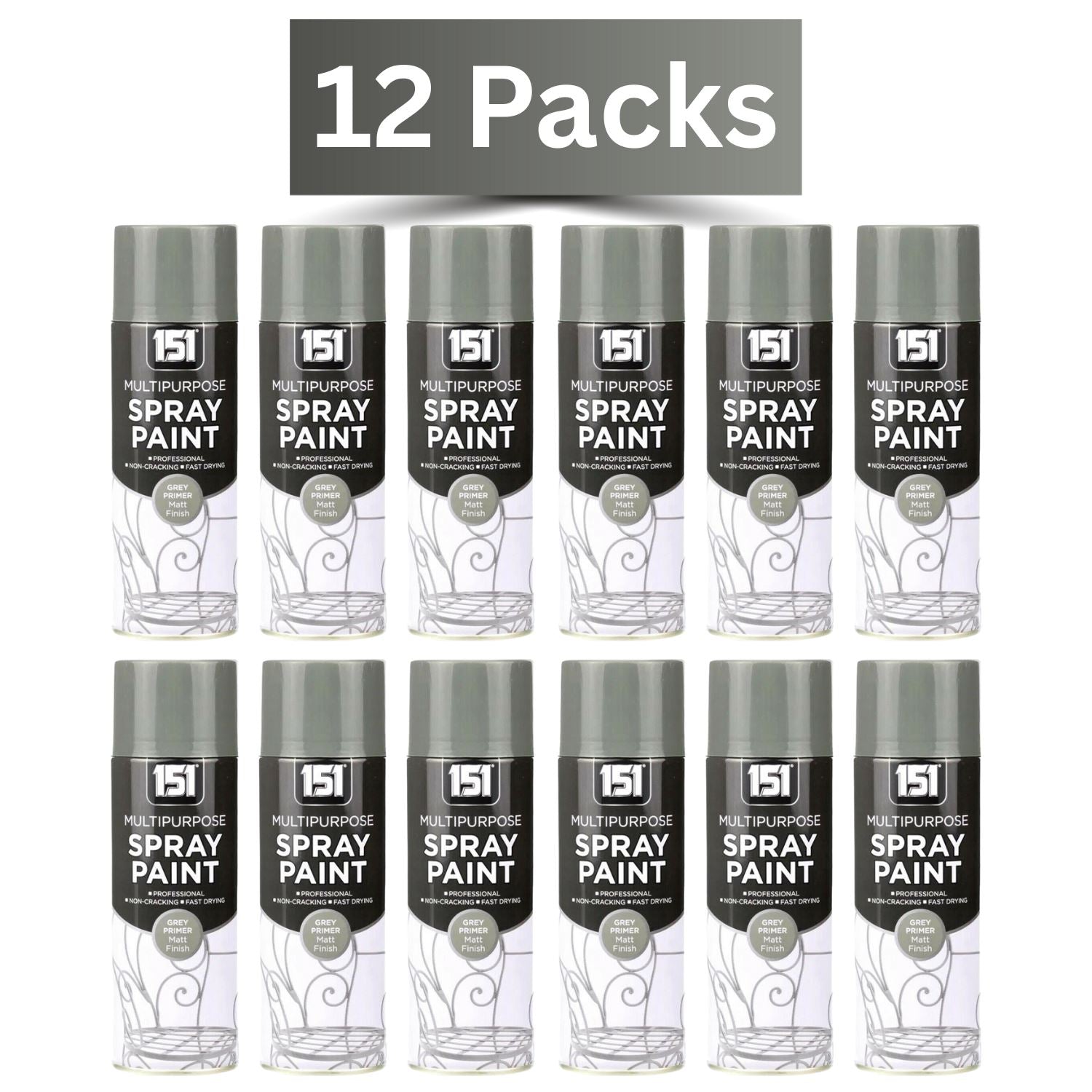 Pack of 12 cans of 151 grey primer spray paint 400ml for various surfaces and projects