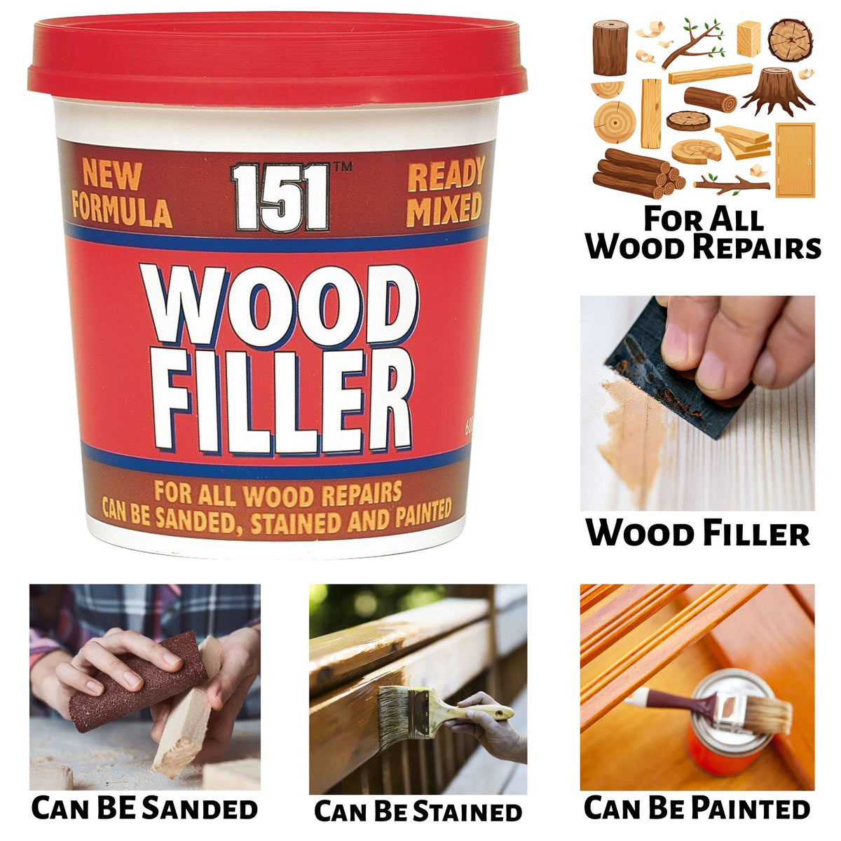151 Ready Mixed Wood Filler tub designed for versatile applications, can be sanded, stained, and painted