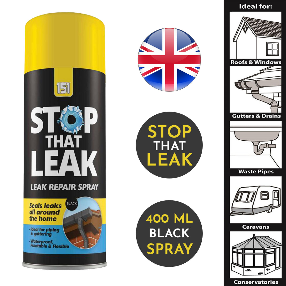 151 Stop Leak Black Spray for sealing leaks around roofs, windows, and pipes, 400 ml flexible spray