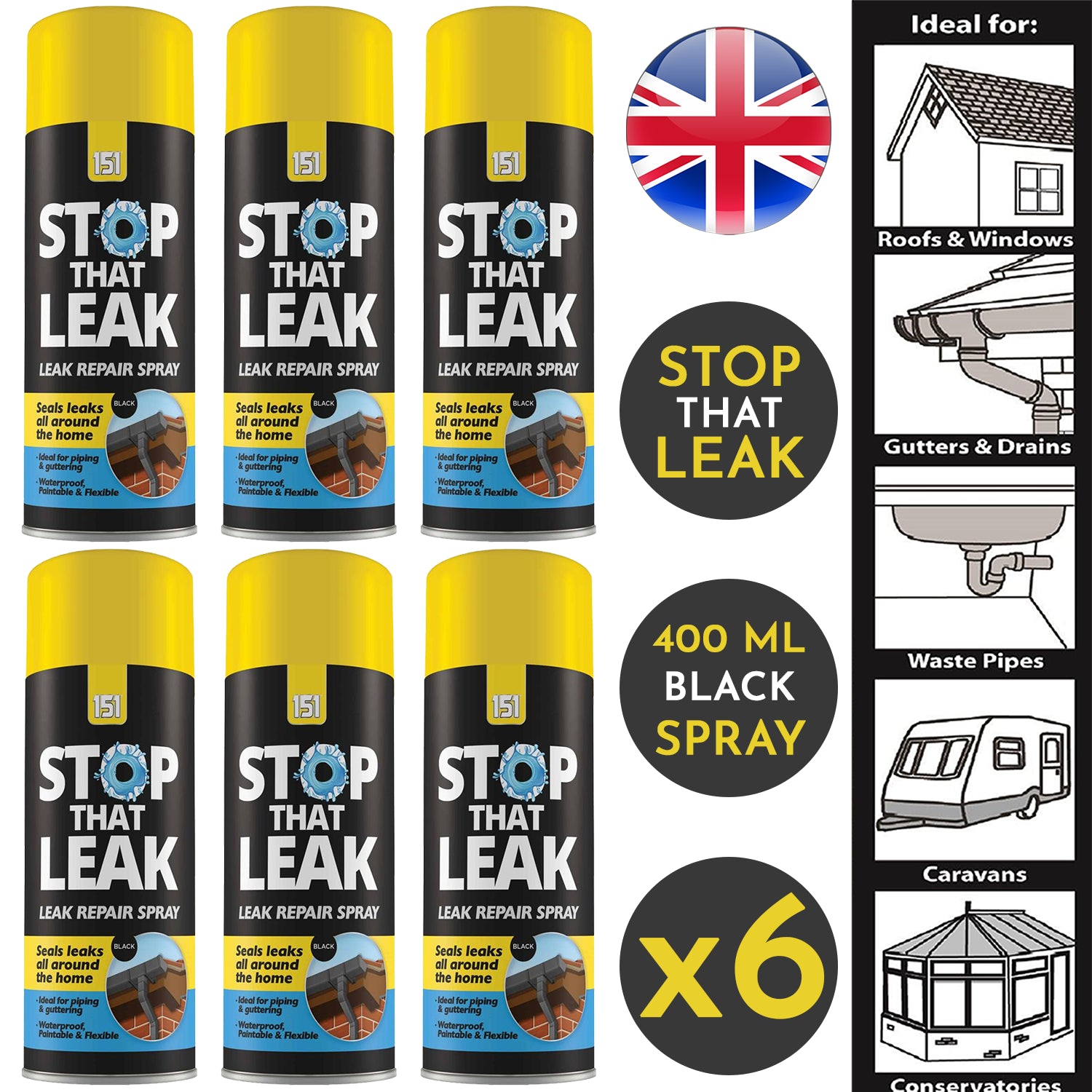 6X 151 Stop That Leak Black Spray 400ml Sealant