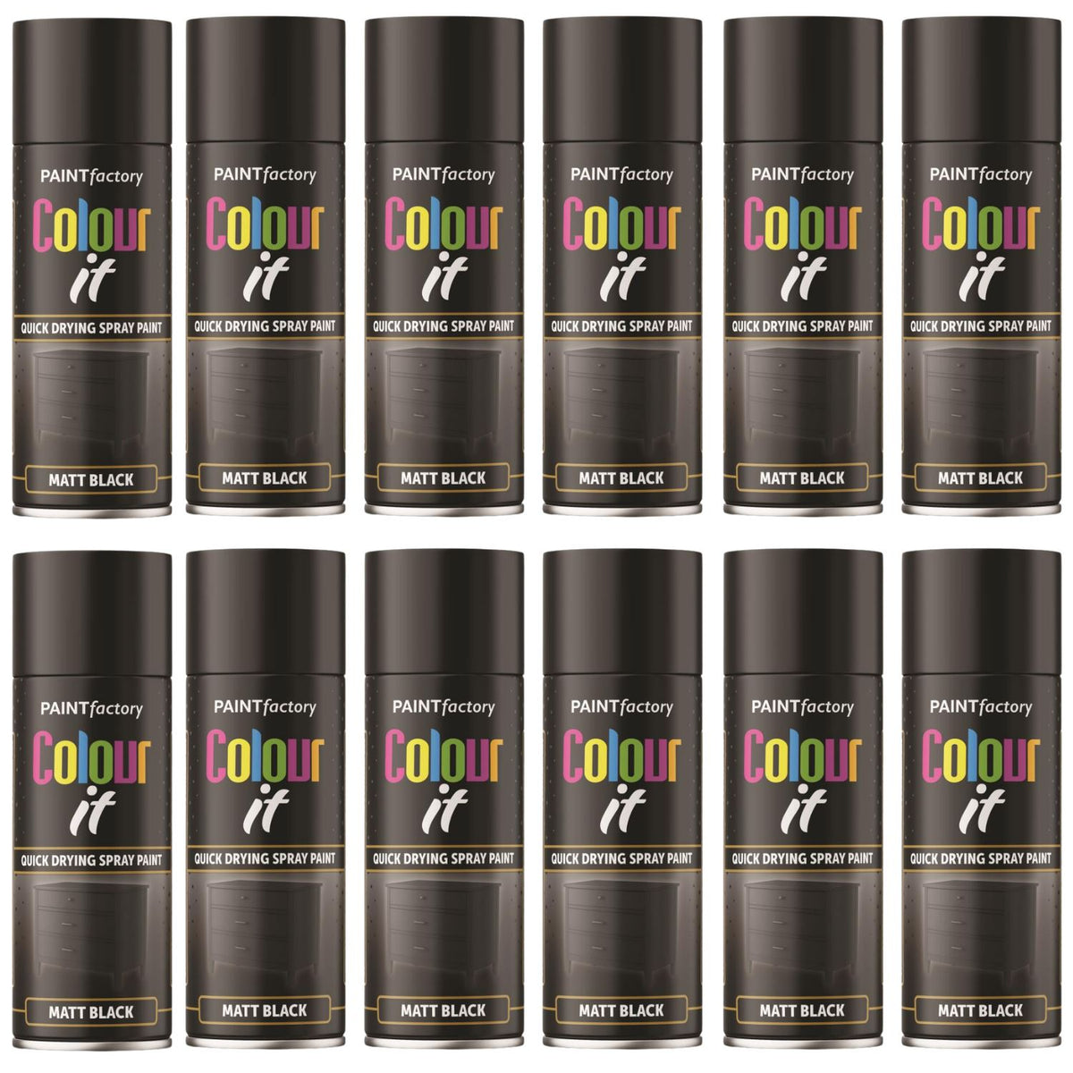 12X Paint Factory Black Matt Spray Paint 400ml