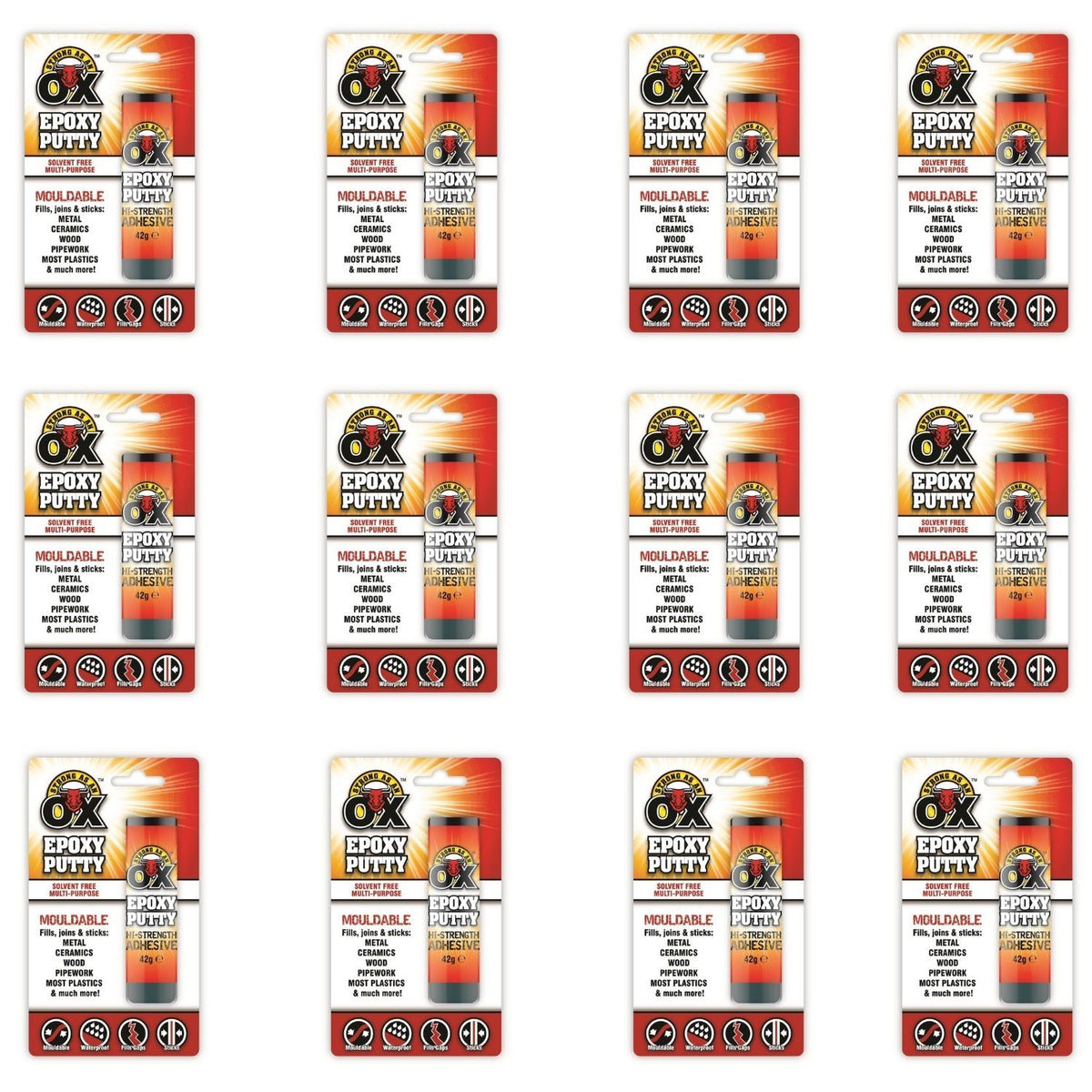 12X - STRONG AS AN OX Durable Epoxy Putty Metal Plastic Filler 42G