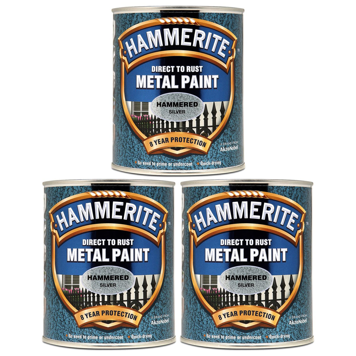 3X Hammerite Hammered Silver Paint 750ml Tin Paint