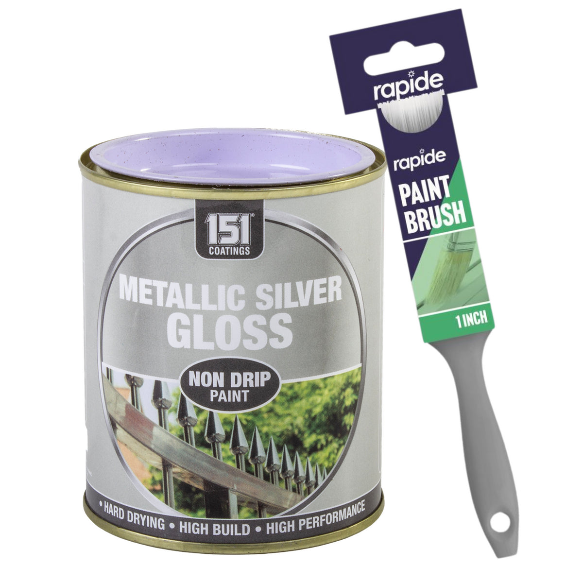 Metallic Silver Gloss Non-Drip Paint 300ml With 1" Paint Brush Tin Paint
