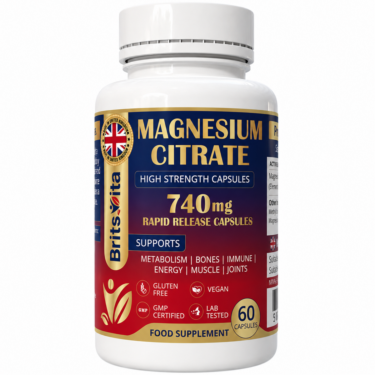 Brits Vita Magnesium Citrate 740mg 60 Capsules Super Strong Effective Vegan - UK