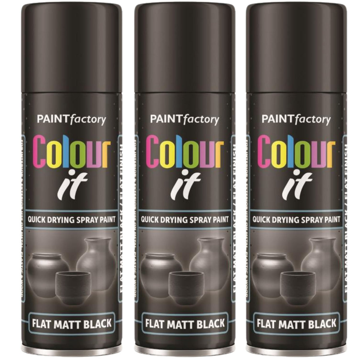 3X Paint Factory Flat Matt Black Spray Paint 250ml