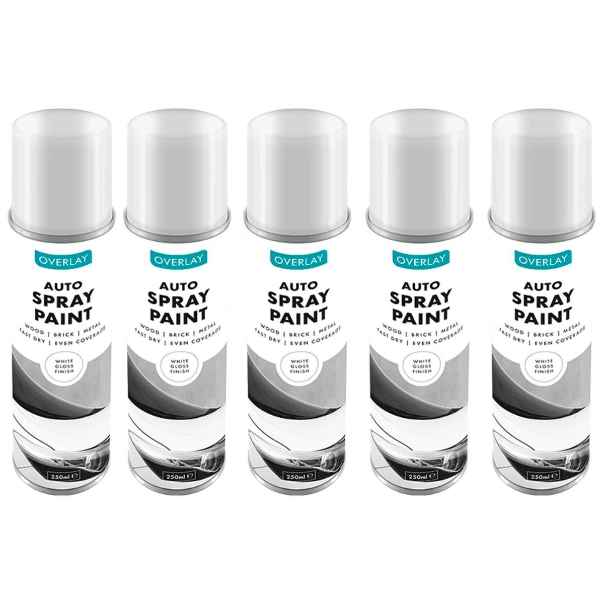 5X Overlay Gloss White Auto Professional Spray Paint 250ml